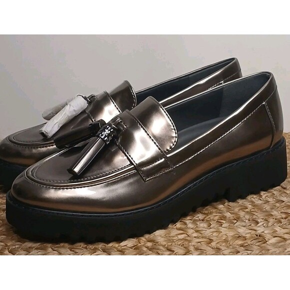 Franco Sarto Sz 5.5 Carolynn Loafers Metallic Pewter Silver w/ Tassels Lugg Sole - Picture 7 of 16